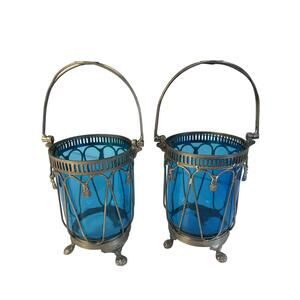 2 Blue Glass Tea light Candle Holders Silver Tone Metal Tassels Footed Lantern